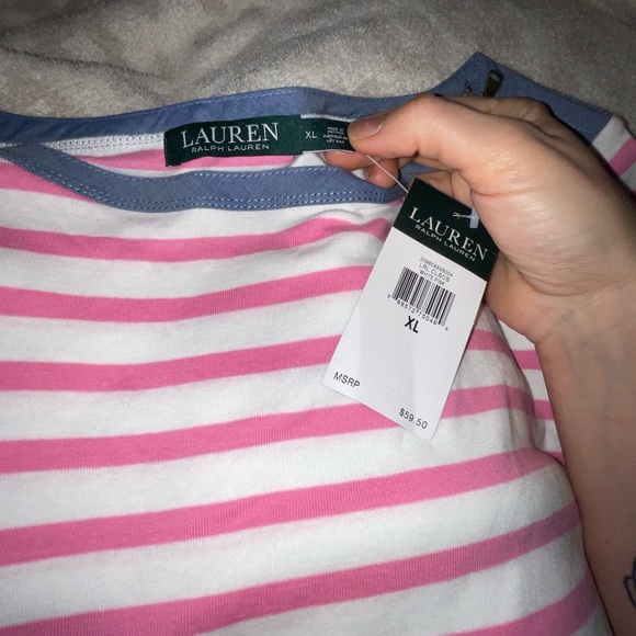 Ralph Lauren denim 1969. XL. Pink white stripes denim zipper crewneck preppy T - Picture 3 of 10